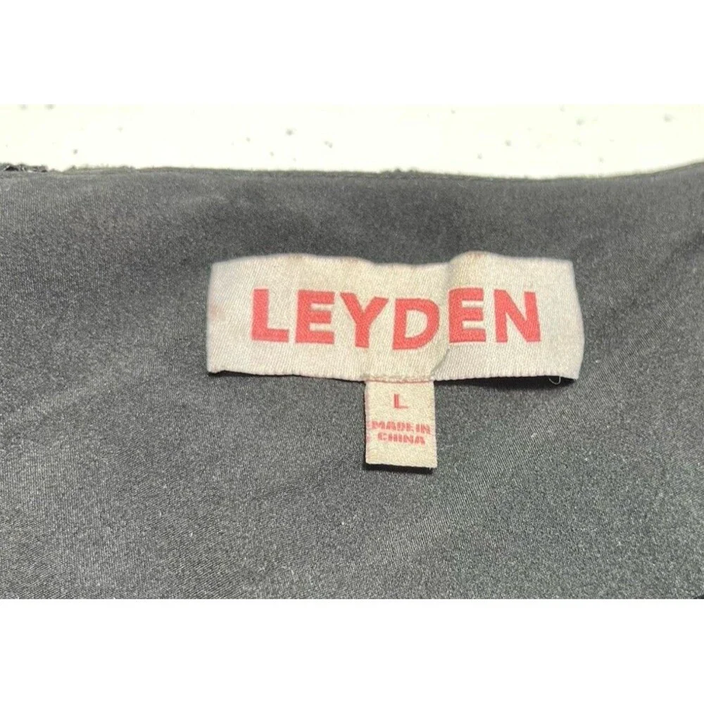 Leyden Black Lace Sheer One Shoulder‎ Top Womens Large Long Sleeve Fringe Hem